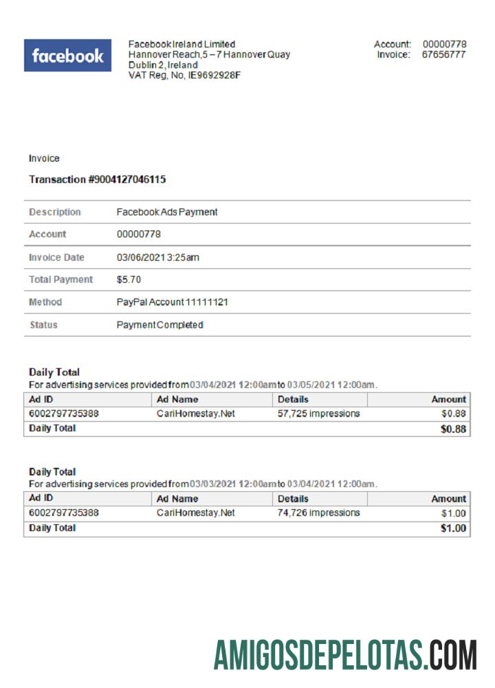 Fatura do Facebook dos EUA amostra